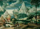 Lucas Gassel, PHANTASTISCHE KÜSTENLANDSCHAFT MIT REITERN UND HIRTENSTAFFAGE., Öl auf Holz