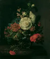 Rachel Ruysch, BLUMENSTILLEBEN., Auf einer marmorierten Tischplatte eine Glasvase mit einem bunten Blumenarrangement