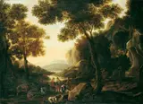 Umkreis Wilhelm von Bemmel, SÜDLICHE FLUSSLANDSCHAFT MIT HIRTENSTAFFAGE., Öl auf Leinwand
