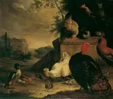 Nachfolge Melchior de Hondecoeter, GEFLÜGEL IM PARK EINES SCHLOSSES., Öl auf Leinwand (doubliert)