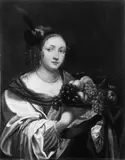Nachfolge Gerrit van Honthorst, JUNGE FRAU MIT FRÜCHTEKORB., Öl auf Leinwand (doubliert)