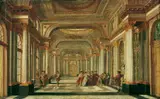 PALASTINTERIEUR MIT REICHER FIGURENSTAFFAGE. by Umkreis Johann Ludwig Ernst Morgenstern, Öl auf Holz, sold Nov 2004