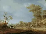 Pieter de Neyn, BAUMBESTANDENE LANDSCHAFT MIT PFERDEKUTSCHE UND REITERN., Öl auf Holz