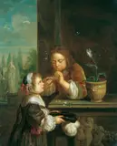 Nachfolge Caspar Netscher, KNABE UND MÄDCHEN MIT SEIFENBLASEN SPIELEND., Öl auf Holz