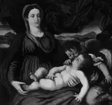 North Italian School, MADONNA MIT KIND UND ENGEL VOR LANDSCHAFTSHINTERGRUND.