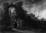 LOT UND SEINE TÖCHTER VOR DEM BRENNENDEN SODOM. by zugeschrieben Egbert Lievensz van der Poel, Öl auf Holz, sold Nov 2004