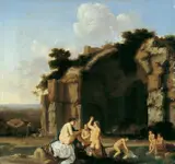 BADENDE FRAUEN (NYMPHEN) VOR RÖMISCHEN RUINEN. by Cornelis van Poelenburgh, Öl auf Holz, sold Nov 2004