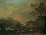 WEITE FLUSSLANDSCHAFT MIT JAGDGESELLSCHAFT. by Umkreis Johann Alexander Thiele, Öl auf Leinwand, sold Nov 2004