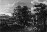 WEITE FLUSSLANDSCHAFT MIT BÄUERLICHER STAFFAGE. by Umkreis Dionys Verburg, Öl auf Holz, sold Nov 2004