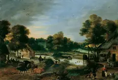 Flemish School, BAUMBESTANDENE LANDSCHAFT MIT EINEM DORF., Öl auf Holz