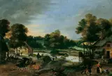 Flemish School, BAUMBESTANDENE LANDSCHAFT MIT EINEM DORF., Öl auf Holz