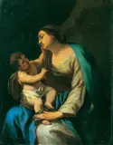 Umkreis Simon Vouet, MADONNA MIT KIND VOR EINER SÄULE SITZEND., Öl auf Holz