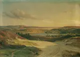 Karl Friedrich Lessing, WEITE LANDSCHAFT MIT EINEM VON HÜGELN UMGEBENEN SEE UND REITERN., Öl auf Leinwand (doubliert)