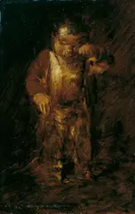 Wilhelm Busch, WEINENDER JUNGE., Öl auf Mahagoniholz