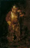 Wilhelm Busch, WEINENDER JUNGE., Öl auf Mahagoniholz