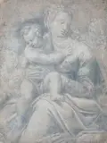 DIE HEILIGE FAMILIE MIT EINEM ENGEL. by Umkreis Fra Bartolomeo, Schwarze Kreide auf getöntem Papier, aufgezogen, sold Nov 2004