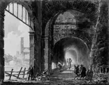 Umkreis Hubert Robert, GEWÖLBE IN PADUA MIT FIGURENSTAFFAGE., Feder, aquarelliert, auf Papier
