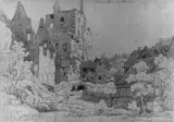 Adolf Johann Lasinsky, DIE RUINE BALDUINSTEIN AN DER LAHN VON WESTEN (verso Felslandschaft mit Wasserfall und Friedhofskapelle)., Feder in Braun, über Bleistift, braun laviert, auf Papier