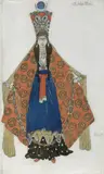 Léon (Lew Samoilowitsch bzw. Leib-Chaim Israilewitsch Rosenberg) Bakst, Kostümentwurf zu Le Martyre de St. Sébastien, Gouache über Bleistift, mit Silber- und Goldfarbe gehöht auf elfenbeinfarbenem Büttenpapier