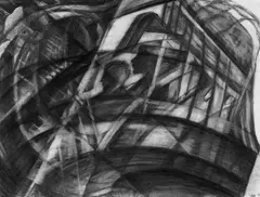 Georg Baumgarten, Omnibus, Schwarze Kreide- und Graphitzeichnung, z.T. gewischt auf elfenbeinfarbenem Velin