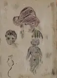 Pierre Bonnard, Études: Tête de femme au chapeau, visage, Nu et souris, Farbstiftzeichnung mit Tuschfeder und Weißhöhungen auf Velin