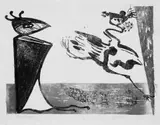 Werner Gilles, Groteske, springender Tod, Komposition, Original-Farblinolschnitt auf glattem einfachen Papier