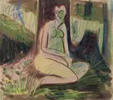 Sitzender Akt im Wald vor Baum by Ernst Ludwig Kirchner, Farbkreidezeichnung über Aquarell auf glattem bräunlichen Papier, sold Jun 2004