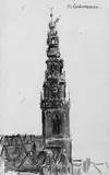 Max Liebermann, Der Turm der Oude Kerk in Amsterdam, Schwarze Kreide, grau laviert auf festem Zeichenpapier