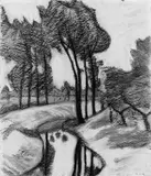 Marie von Malachowski-Nauen, Flußlandschaft mit Bäumen, Kohlezeichnung auf festem genarbten Velin