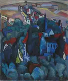 Carlo Mense, Landschaft mit Dorf (Hennef), Öl auf Leinwand, auf Karton aufgezogen