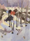 Marg (Margarete) Moll, Waldlandschaft mit roten Häusern, Gouache auf elfenbeinfarbenem Velin