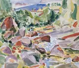 Oskar Moll, Steiniger Bach in südlicher Landschaft
