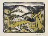 Otto Mueller, Ein in Dünen sitzendes und ein liegendes Mädchen (Zwei Mädchen in den Dünen, Sylt), 1920, Farblithographie auf Papier
