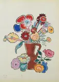 Gabriele Münter, Dahlien und Rosen in braunem Krug
