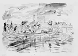 Hans Purrmann, Dorf am Wasser, Aquarell auf Velin