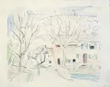 Hans Purrmann, Bauernhof mit Bäumen, Aquarell auf Velin mit Wasserzeichen "JWHATMAN"