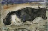 Liegende Kuh. Rückseitig: Margueriten by Christian Rohlfs, Doppelseitige Arbeit. Tempera und schwarze Kreide bzw. Aquarell und Tuschfederzeichnung auf genarbtem Aquarellbütten, sold Jun 2004