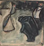Aufgereihte Herren im Frack empfangen eine junge Dame by Christian Rohlfs, Aquarell mit Deckfarben auf bräunlichem Packpapier, sold Jun 2004