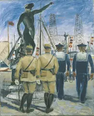 Karl Schwesig, Kriegshafen Toulon, Öl auf Leinwand, auf Holz aufgezogen