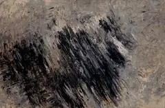 Winfred Gaul, Ohne Titel, Öl und collagiertes Zeitungspapier auf Hartfaserplatte