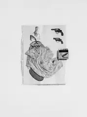 Al Hansen, When I was little .., Collage aus Schmetterlingsflügeln, Zeitungsdrucken, Streichholzschachtel und Papiertuch auf Papier mit linkem perforierten Rand