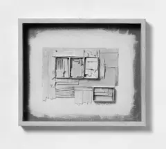 Heinz E. Hirscher, Weisses Gefach, Materialbild: Holz-, Karton- und Streichholzcollage, mit weißer Farbe überarbeitet, auf Karton montiert, in Original-Rahmen