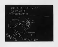 Jörg Immendorff, Die Lidlstadt nimmt Gestalt an. Lidlstadtplan IX, Weiße Kreide auf schwarz überarbeiteter Holztafel