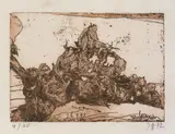 Horst Janssen, Froschland, Mit einer lavierten Tuschzeichnung (sogleich Titel- und Widmungsblatt) und 44 Original-Radierungen gedruckt in Schwarz und verschiedenen Braun- und Grautönen auf unterschiedlich getönten Papieren. Jeweils signiert und datiert sowie einzeln in Passepartout montiert. Das Titel- bzw. Widmungsblatt (auf gelblichem Velin