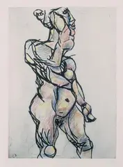 Markus Lüpertz, Ohne Titel (weiblicher Akt), Original-Radierung, mit farbigen Kreiden ausführlich überarbeitet, auf leicht genarbtem Velin