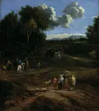 Pieter Bout, LANDSCHAFT MIT BÄUERLICHER STAFFAGE UND PFERDEFUHRWERK., Öl auf Leinwand (doubliert)