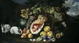 Umkreis Abraham Brueghel, FRÜCHTESTILLEBEN MIT HASEN UND EINER MEERKATZE., Öl auf Leinwand