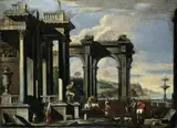 Umkreis Johann Anton Eismann, RÖMISCHE RUINEN AN EINEM HAFEN., Öl auf Leinwand (doubliert)