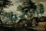 Jacob Grimmer, WEITE LANDSCHAFT MIT ERNTESZENE., Öl auf Holz (parkettiert)