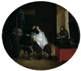 Wolfgang Heimbach, BARBIERSZENE., Öl auf Holz